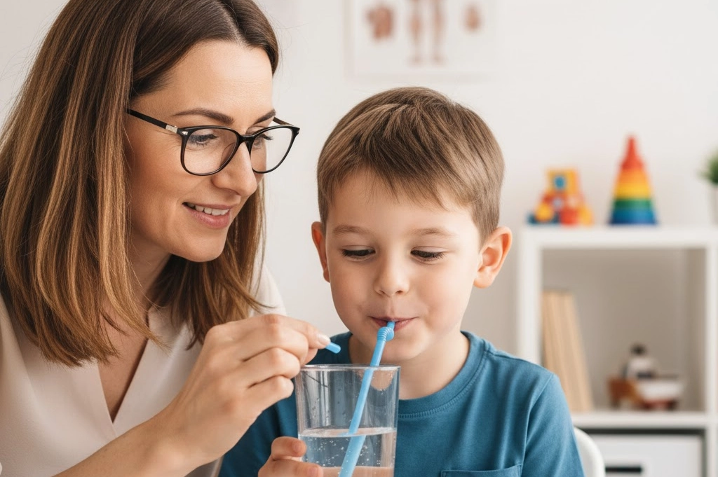 Lagopède montrant à un enfant comment boire à la paille